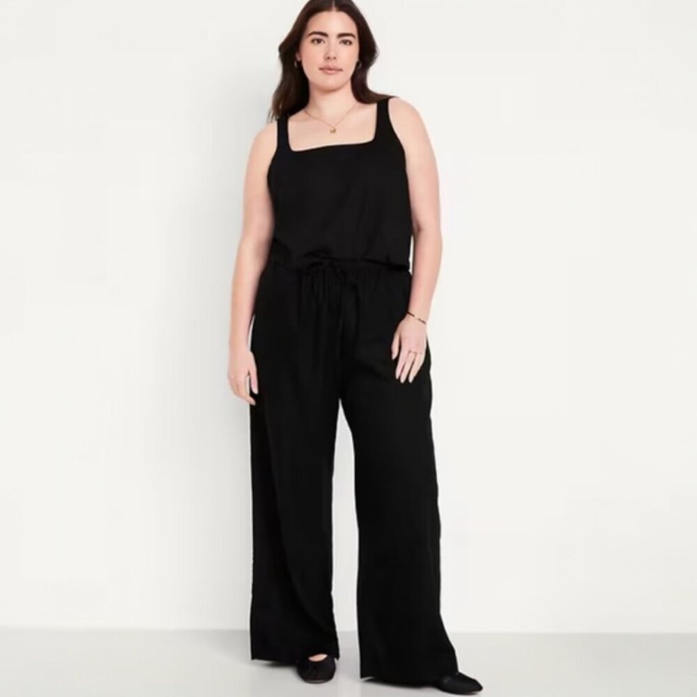 Old Navy Black Linen Blend Wide Leg High Rise Drawstring Elastic Waist Pants. XL